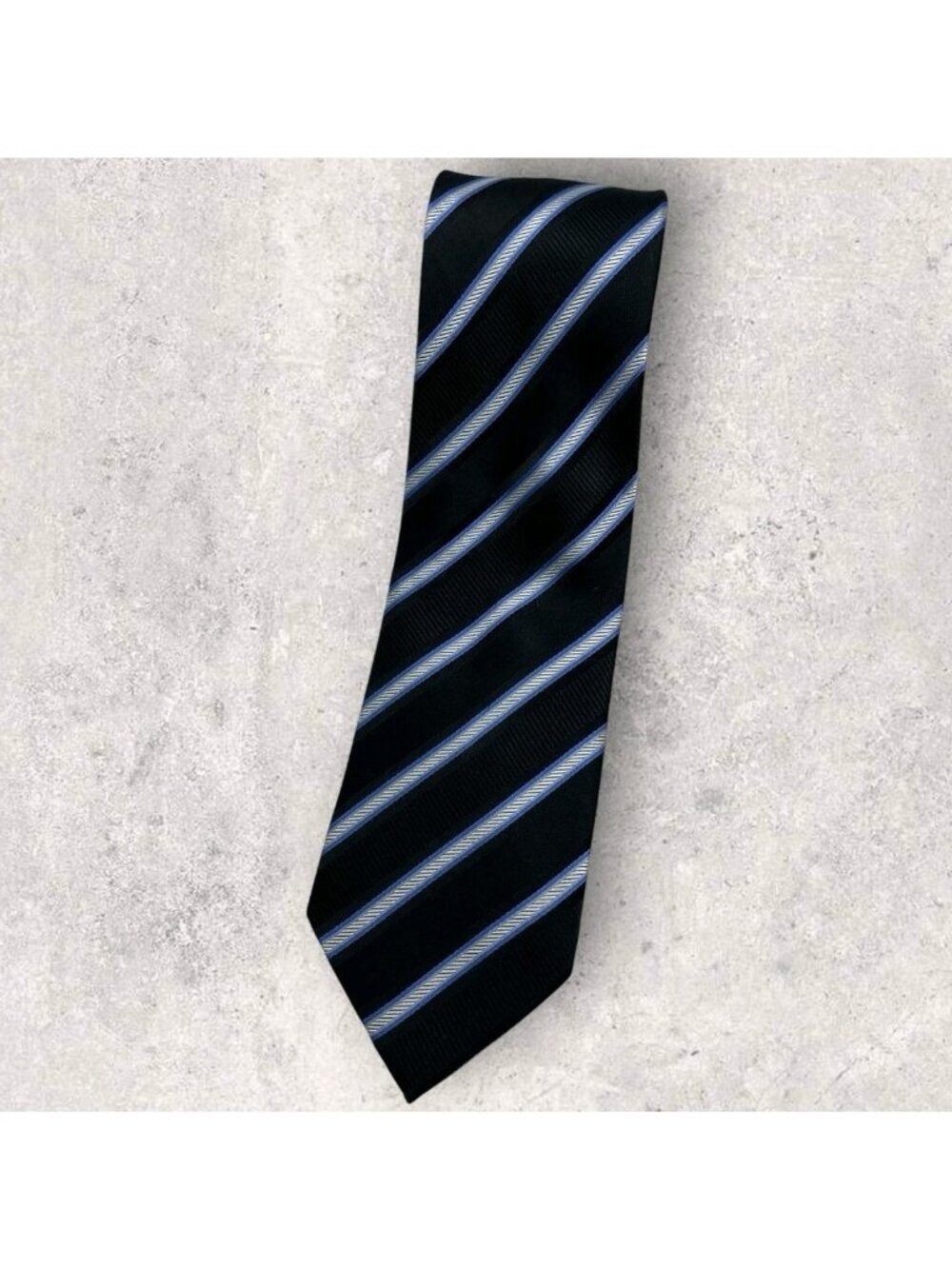 DONALD J. TRUMP Silk Tie XL Black Blue White Striped W:3.6" EUC